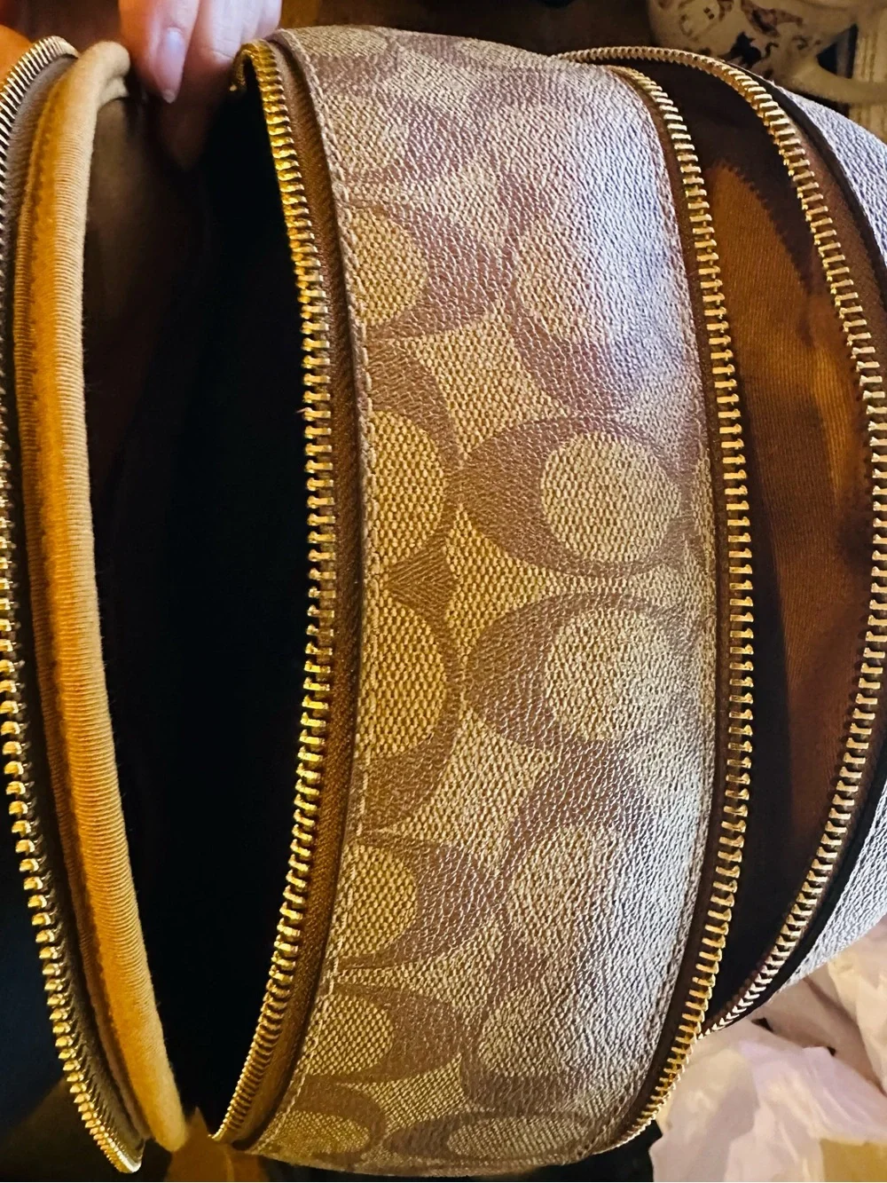 Coach Tan Signature Canvas Backpack with White Leather Front Pocket